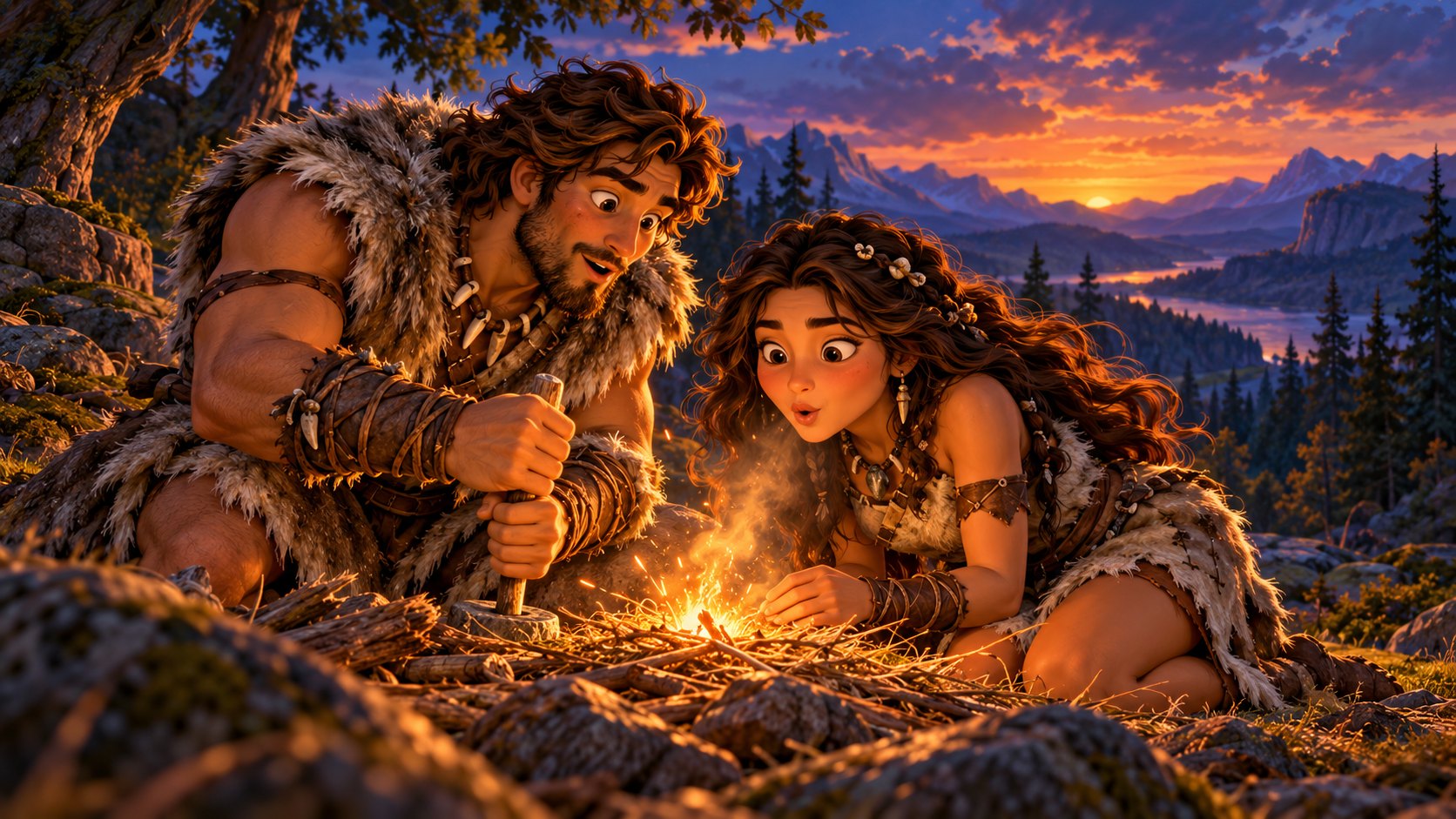 Artwork: Zwei Menschen entfachen gemeinsam ein Feuer.