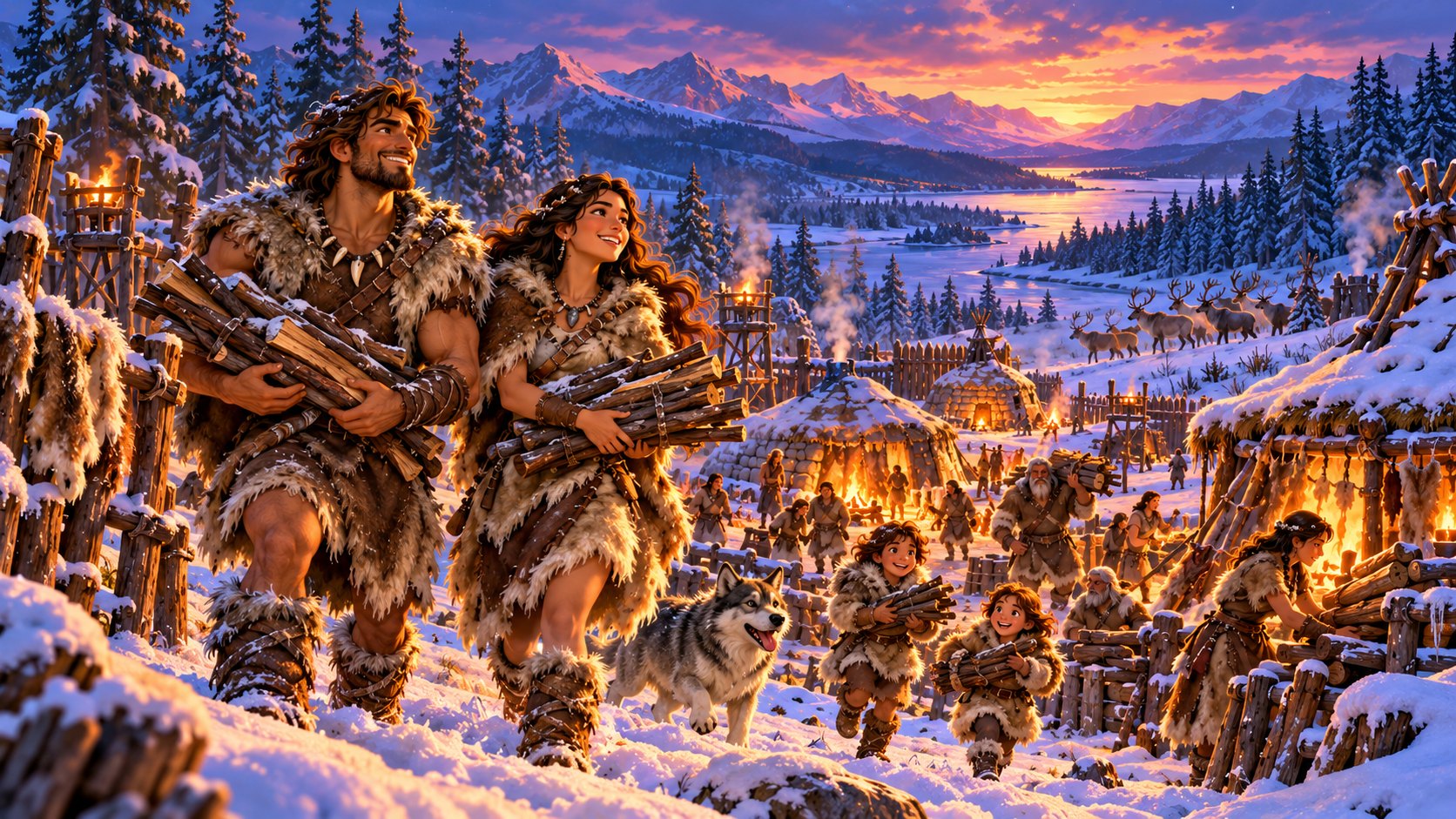 Artwork: Ein schneebedecktes Steinzeitdorf im warmen Feuerschein.